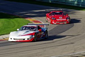 Simon Gregg's Chevy Corvette leads Amy Ruman's Chevy Corvette on lap one into Canada Corner