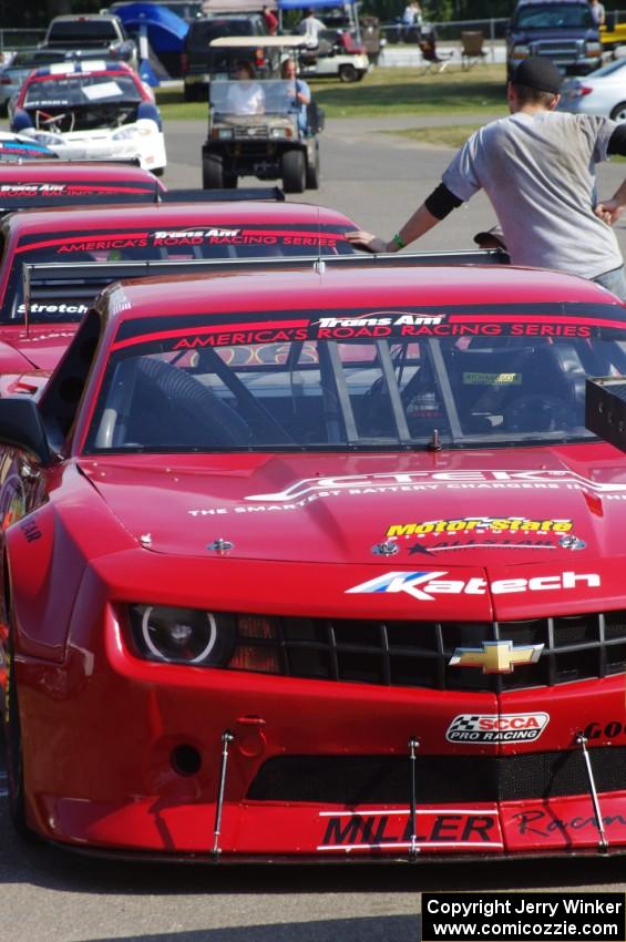 The Chevy Camaros of Cameron Lawrence, Pete Halsmer and Bob Stretch prior to qualifying.