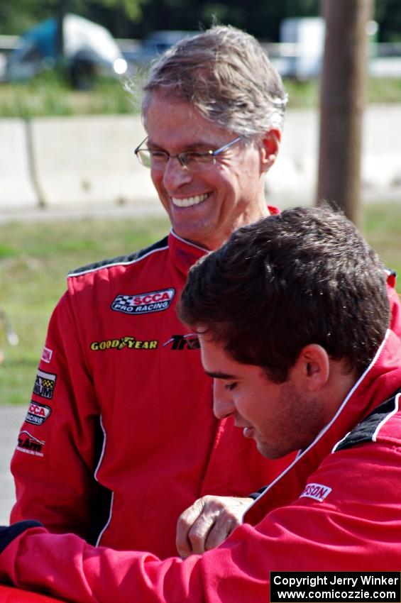 Pete Halsmer and Cameron Lawrence converse before qualifying