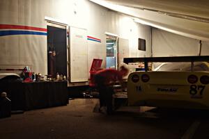 Doug Peterson's Chevy Corvette gets worked on in the wee hours of the night.