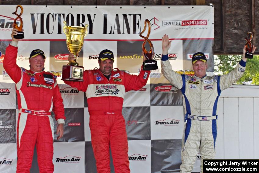 Trans-Am overall podium: L) Doug Peterson - 2nd; Tony Ave - 1st; and Simon Gregg - 3rd