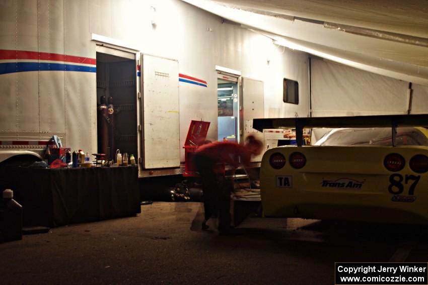 Doug Peterson's Chevy Corvette gets worked on in the wee hours of the night.