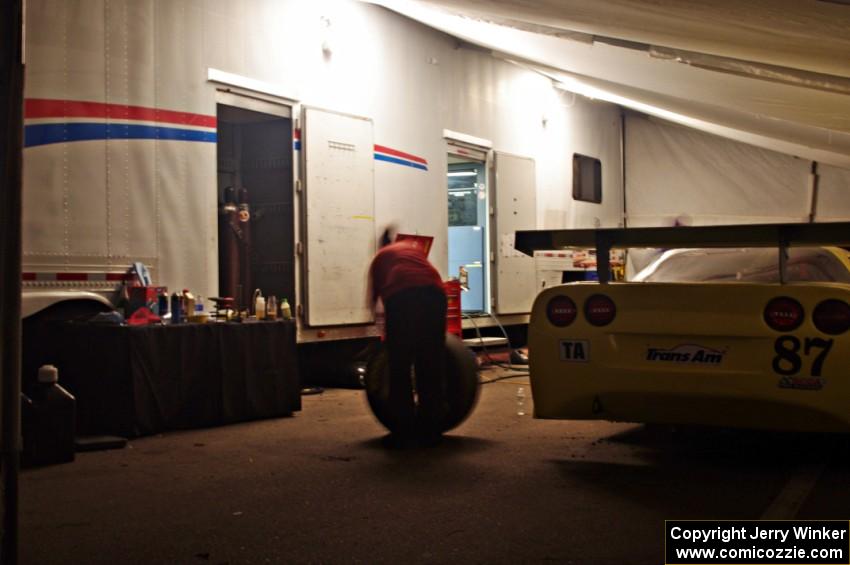 Doug Peterson's Chevy Corvette gets worked on in the wee hours of the night.