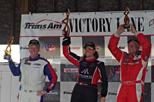 Trans-Am overall podium: L) Simon Gregg - 2nd; Amy Ruman - 1st; and Doug Peterson - 3rd