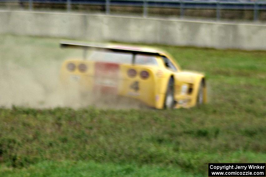 Tony Ave's Chevy Corvette has brake lock up and goes off at turn 4.