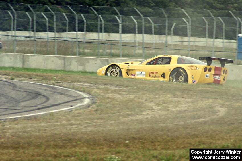 Tony Ave's Chevy Corvette has brake lock up and goes off at turn 4.