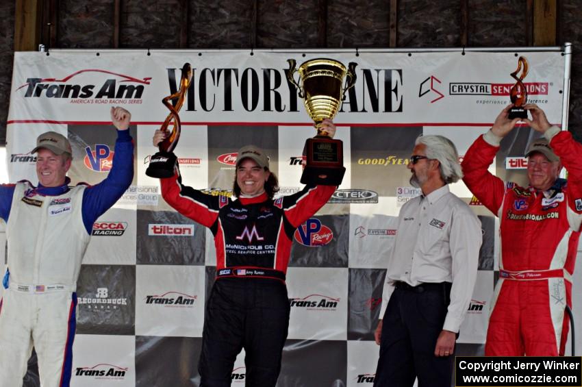 Trans-Am overall podium: L) Simon Gregg - 2nd; Amy Ruman - 1st; and Doug Peterson - 3rd