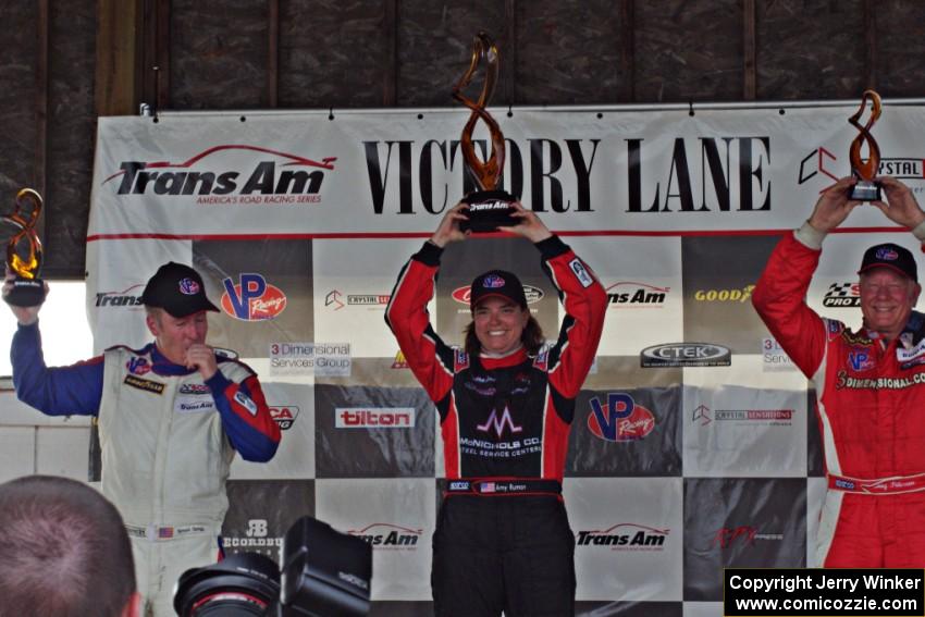 Trans-Am overall podium: L) Simon Gregg - 2nd; Amy Ruman - 1st; and Doug Peterson - 3rd