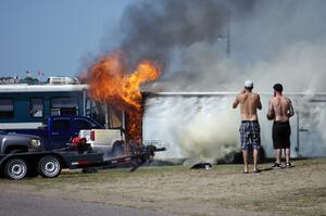 One of the drag racing haulers caught fire in the infield. No injuries, thankfully.