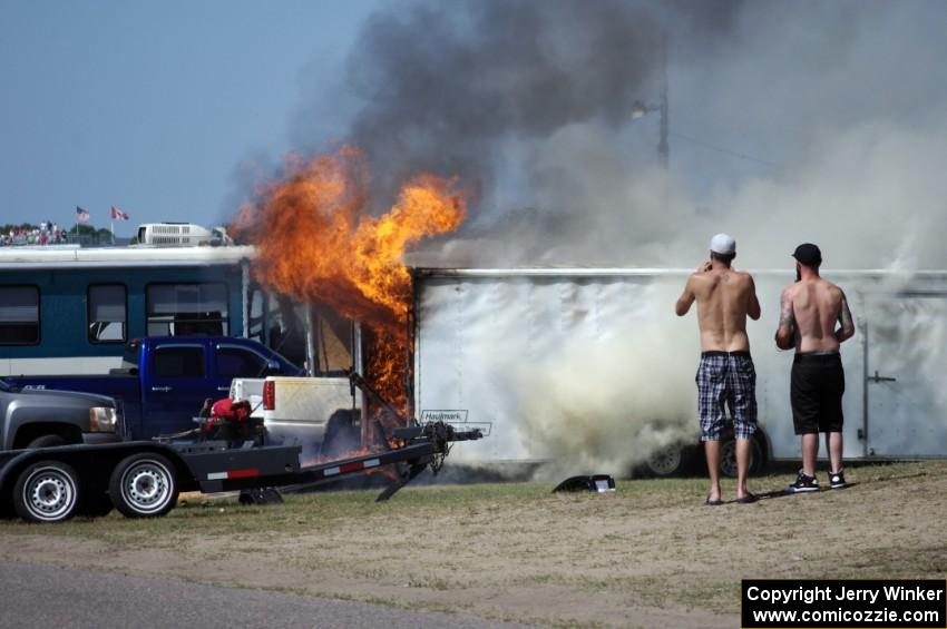 One of the drag racing haulers caught fire in the infield. No injuries, thankfully.