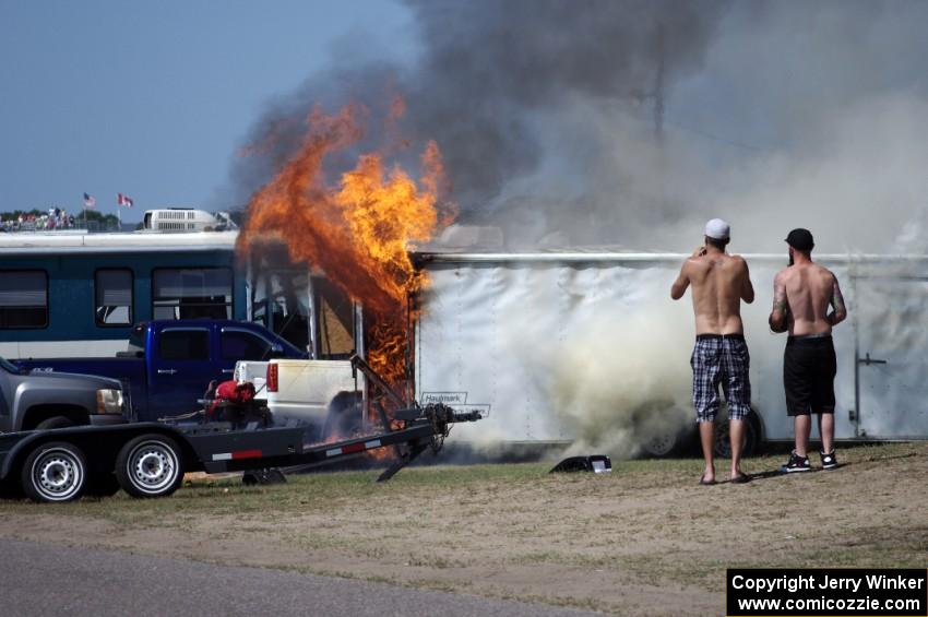 One of the drag racing haulers caught fire in the infield. No injuries, thankfully.