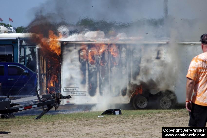 One of the drag racing haulers caught fire in the infield. No injuries, thankfully.