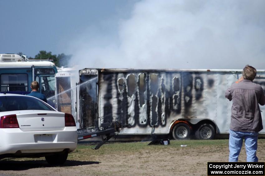 One of the drag racing haulers caught fire in the infield. No injuries, thankfully.