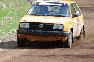 The Chad Eixenberger / Chris Gordon VW Golf comes out of a sweeper on stage two.