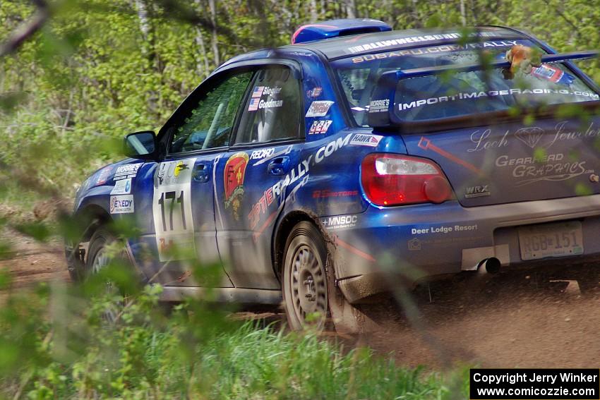 The Carl Siegler/ David Goodman Subaru WRX STi at speed on stage two.