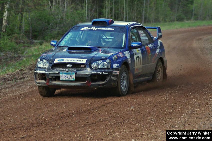 The Carl Siegler/ David Goodman Subaru WRX STi sets up for a sweeper on the final stage.