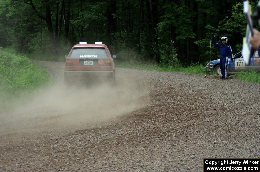 Brent Carlson / Mark Utecht VW GTI on SS3. They couldn't stop as the car was running rough.(1)