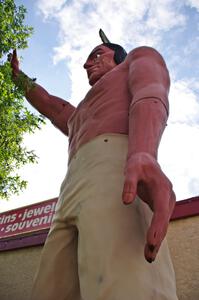 Giant Indian statue on display in downtown Bemidji.