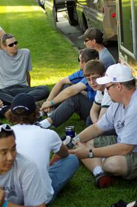 John Huebbe, Jim Cox, Mark Huebbe, Tim Williams, Curt Faigle and Carl Siegler relax in the shade at parc expose.