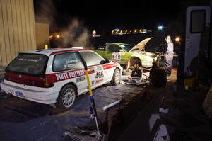 The Brian Gottlieb / Pat Darrow Toyota FX-16 and Cody Crane / Billy Irvin Honda CRX get final prep the night before the rally.