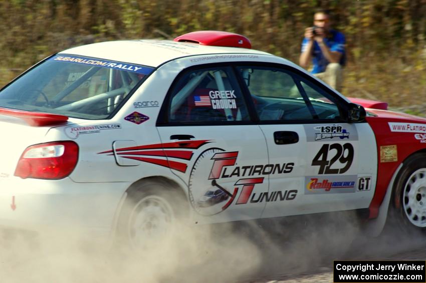 Scott Crouch / Rebecca Greek in their Subaru WRX on SS1 (Green Acres I)