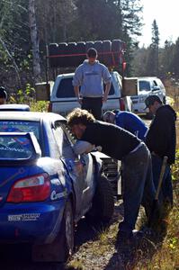 The Carl Siegler / Dave Goodman Subaru WRX STi goes onto the trailer after DNF'ing on SS3 (Herman I)