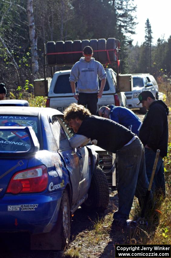 The Carl Siegler / Dave Goodman Subaru WRX STi goes onto the trailer after DNF'ing on SS3 (Herman I)