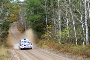 Adam Yeoman / Jordan Schulze in their Subaru Impreza near the finish of SS10 (Menge Creek 1)