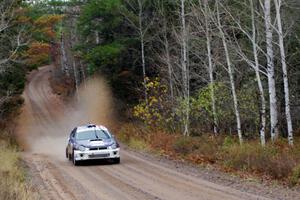 Adam Yeoman / Jordan Schulze in their Subaru Impreza near the finish of SS10 (Menge Creek 1)