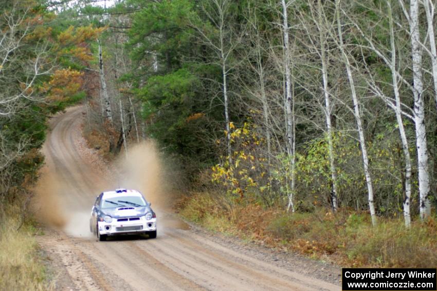 Adam Yeoman / Jordan Schulze in their Subaru Impreza near the finish of SS10 (Menge Creek 1)