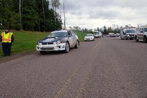 Adam Yeoman / Jordan Schulze in their Subaru Impreza about to head back out after L'Anse service