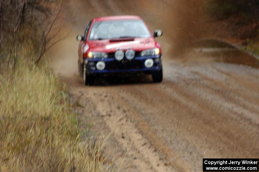 Brianne Corn / Jeremy Rowland in their Subaru Impreza near the finish of SS10 (Menge Creek 1)