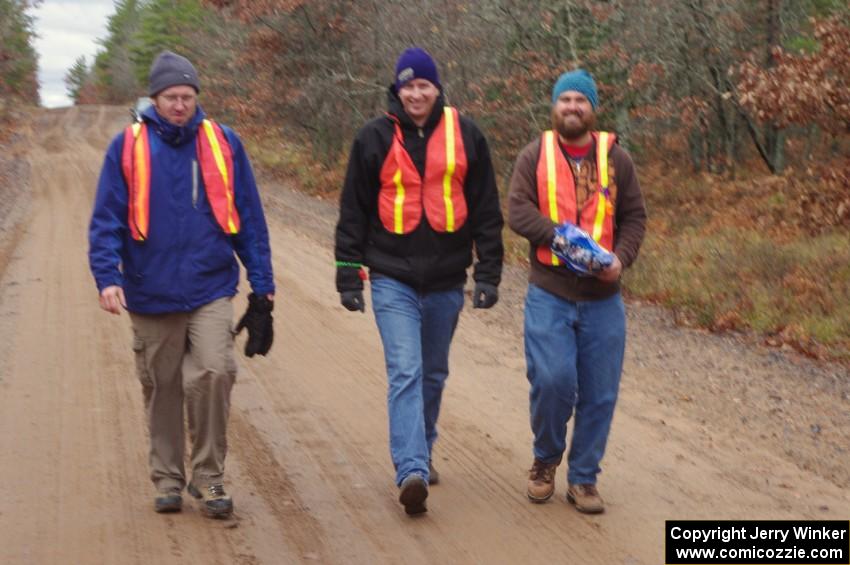 Matt Bushore, Chad Eixenberger and Paul Koll worked the finish of SS10 (Menge Creek 1)