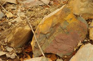 Multi-colored slate at the side of the road on SS16 (Arvon Tower 2)