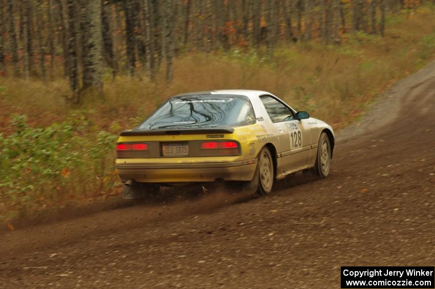 Mychal Summers / Ryan DesLaurier in their Mazda RX-7 on SS16 (Arvon Tower 2)