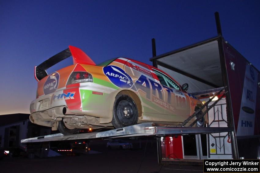 Arkadiusz Gruszka / Lukasz Wronski Mitsubishi Lancer Evo 9 at the finish of the rally in L'Anse, MI