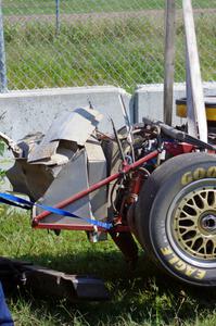 Cliff Ebben's Ford Mustang comes in on the hook after wrecking the front