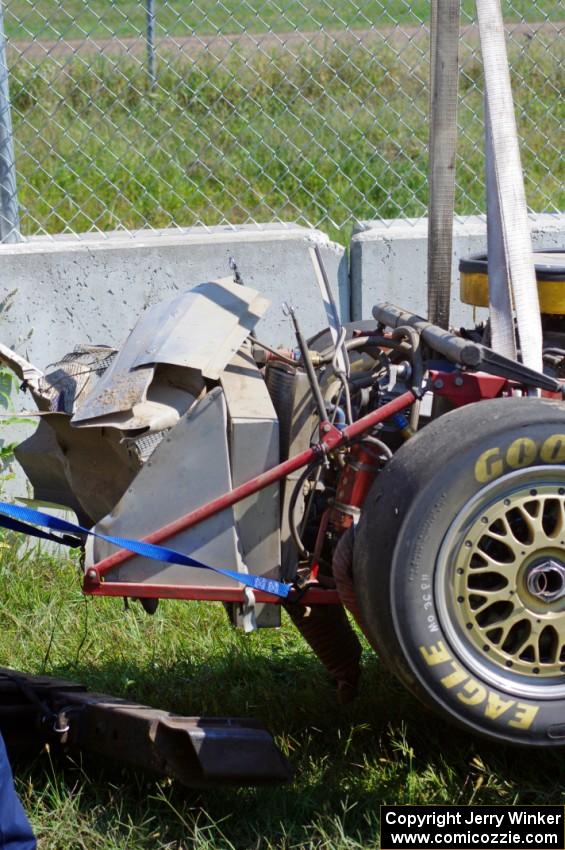 Cliff Ebben's Ford Mustang comes in on the hook after wrecking the front