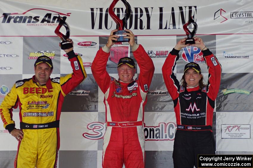 Trans-Am overall podium: L) Tony Ave - 2nd; Doug Peterson - 1st; and Amy Ruman - 3rd