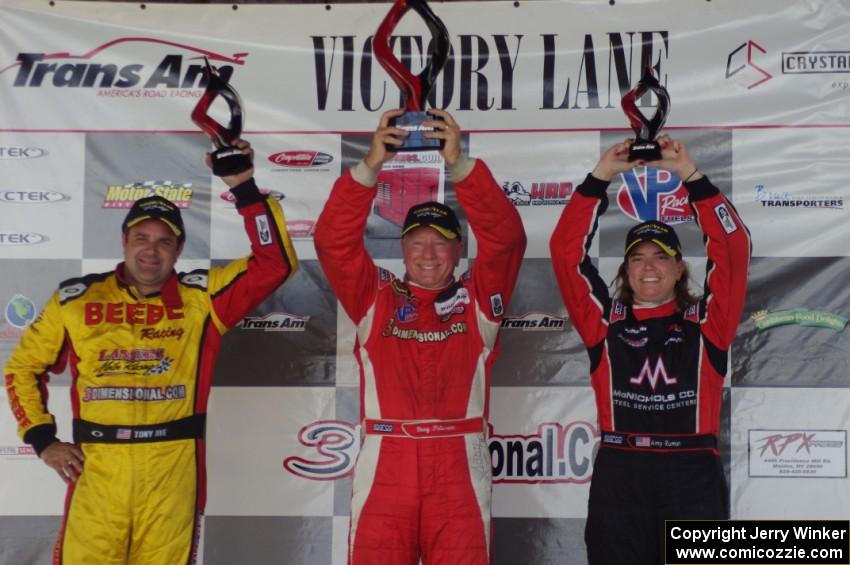 Trans-Am overall podium: L) Tony Ave - 2nd; Doug Peterson - 1st; and Amy Ruman - 3rd