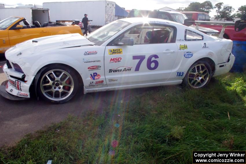 Damage to Chuck Cassaro's Ford Mustang after colliding with the turn 13 wall