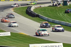 Porsche GT3 Cup cars head uphill on the cool off lap