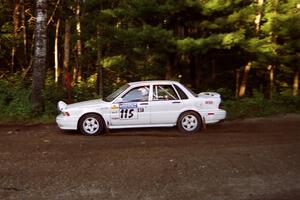 Seamus Burke / Tom Lawless Mitsubishi Galant VR-4 at speed on SS1, Akeley Cutoff.