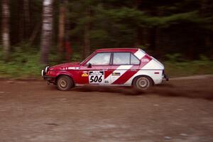 Erik Payeur / Adam Payeur Dodge Omni  at speed on SS1, Akeley Cutoff.