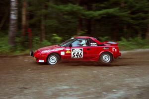 Chris Gilligan / Mike Moyer Toyota MR-2 at speed on SS1, Akeley Cutoff.