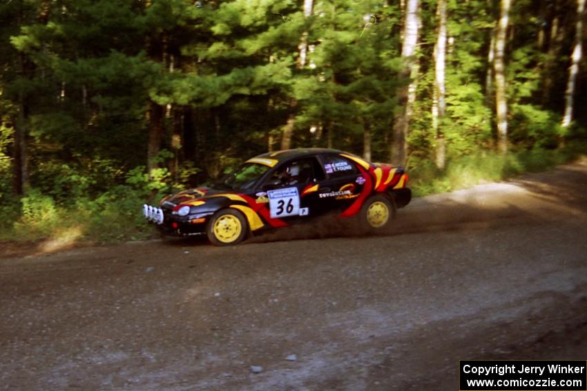 Evan Moen / Tom Young  Plymouth Neon ACR at speed on SS1, Akeley Cutoff.