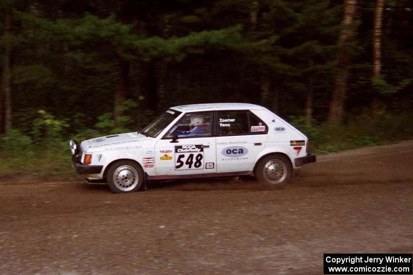 John Zoerner / Greg Reno Dodge Omni GLH-Turbo at speed on SS1, Akeley Cutoff.