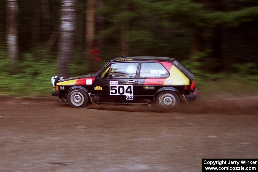 John Adleman / Jason Lajon VW GTI at speed on SS1, Akeley Cutoff.