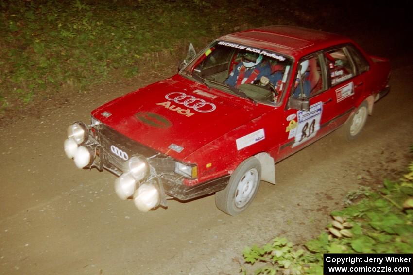 Jon Kemp / Rod Hendricksen Audi 4000 Quattro at speed on SS8, Kabekona.