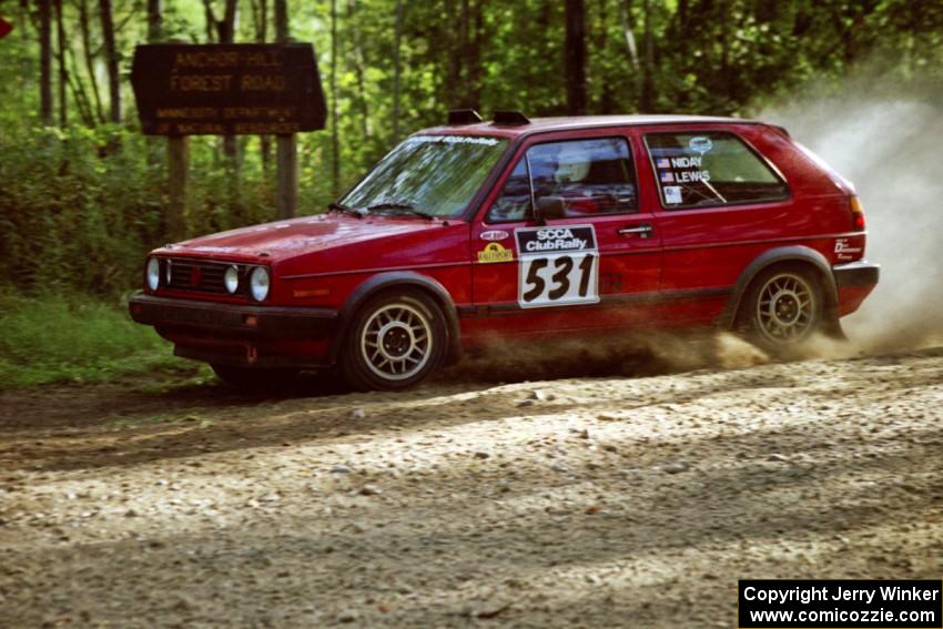 J.B. Niday / J.B. Lewis VW GTI at speed on SS11, Anchor Hill.